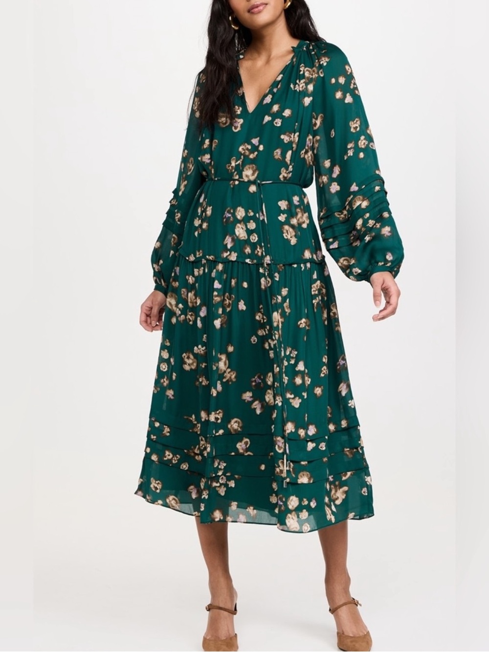 La Ligne Seraphine Green Floral Long Sleeve Midi Dress